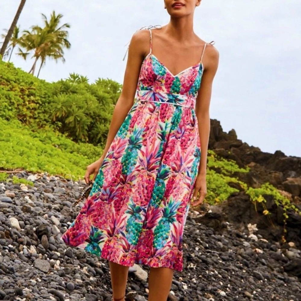 J.Crew Cotton Pink Pineapple Print  Midi Dress Womens Size 2 Tropical Resortwear